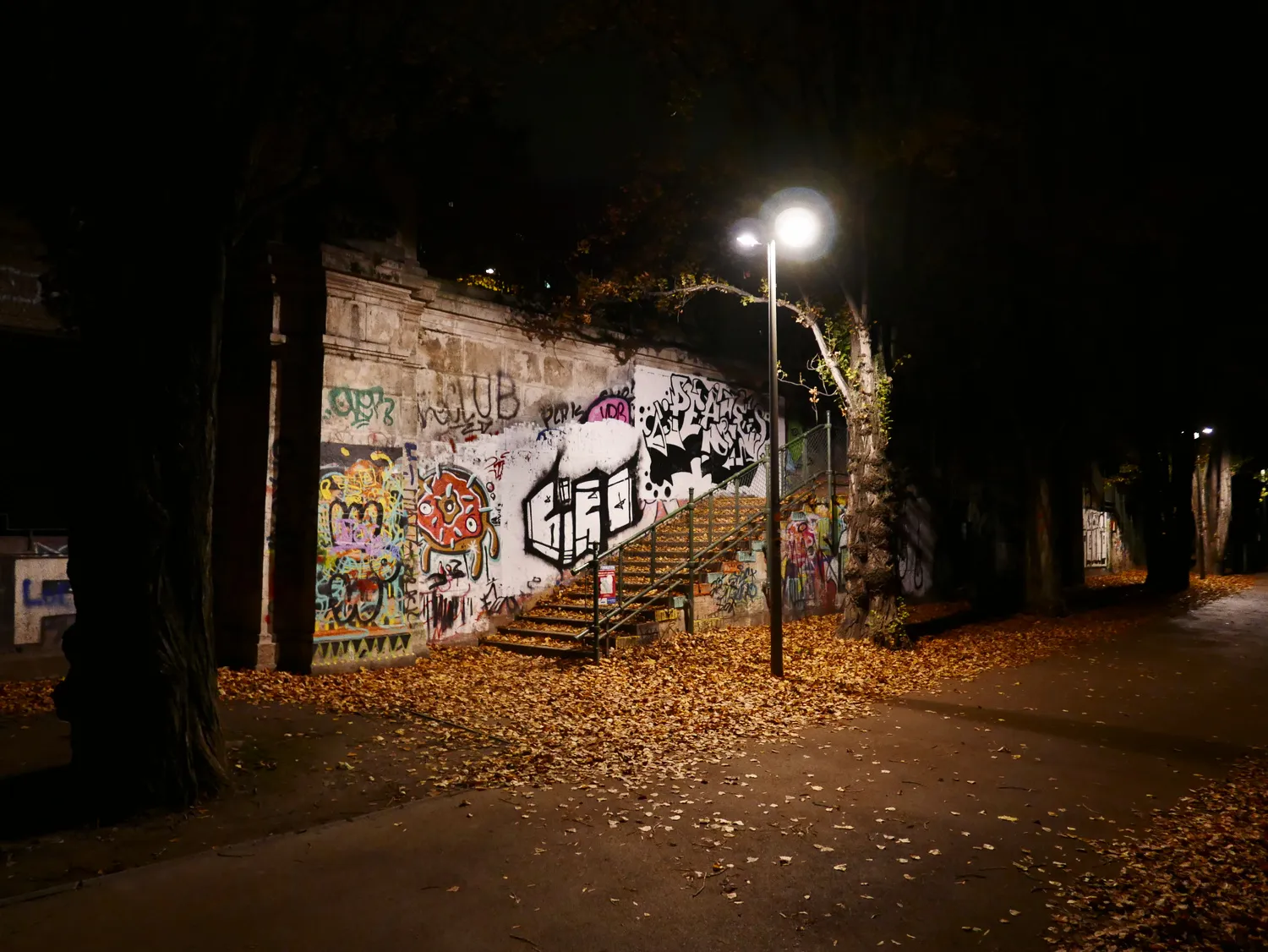 A graffiti-covered wall beside a leaf-strewn path at night, lit by a single street lamp