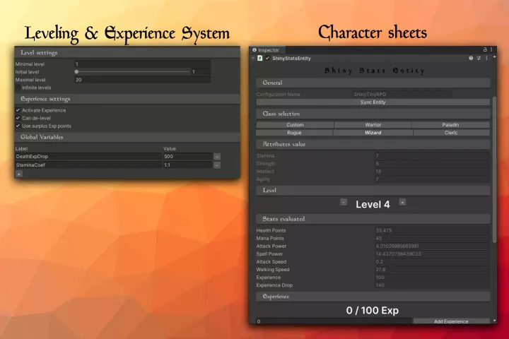 Leveling and experience system, with character sheets