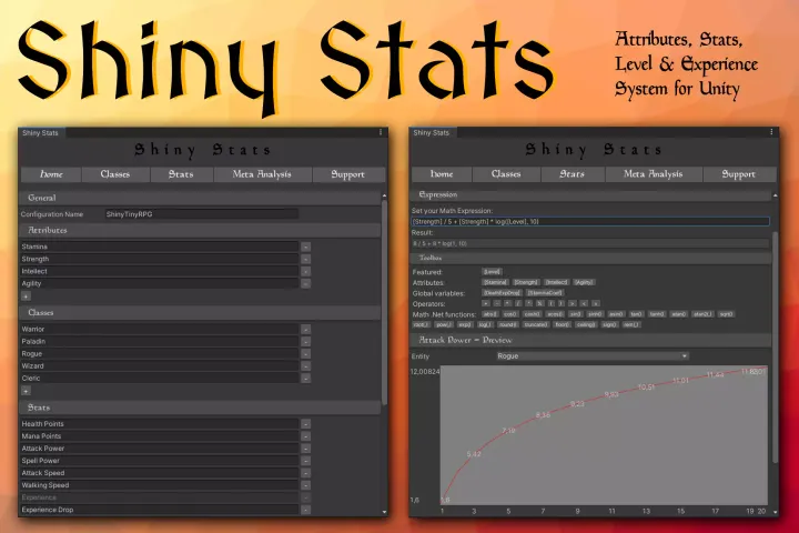 Shiny Stats — attributes, stats, level and experience system for Unity