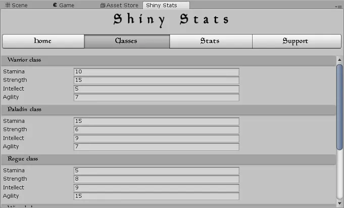Classes configured in Shiny Stats