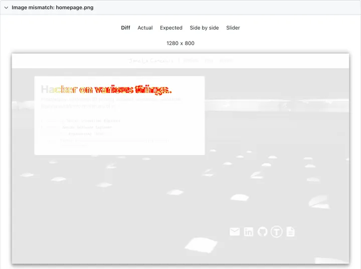 Playwright's report for the homepage screenshot test, on its Diff tab: the page in faded grey, with only the heading 'Hacker on various things.' marked in red and yellow where its pixels changed