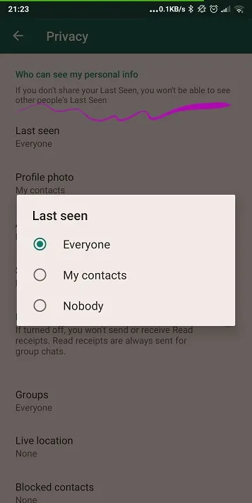 WhatsApp privacy settings last seen